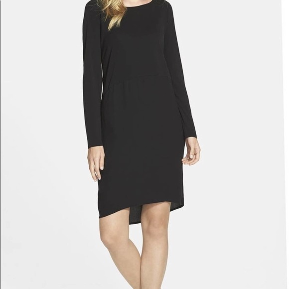 Eileen Fisher Women's‎ Long Sleeve Ballet Neck Hi Low Dress in Black Large - Picture 1 of 5
